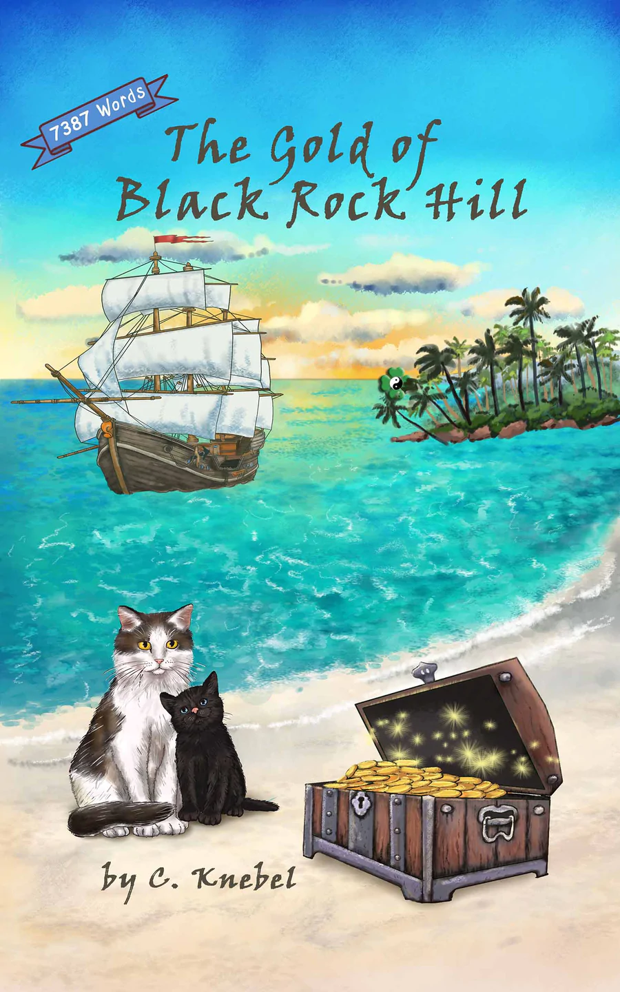 2 Cats sitting on a beach beside a chest full of gold, ship sailing on the background with a little island